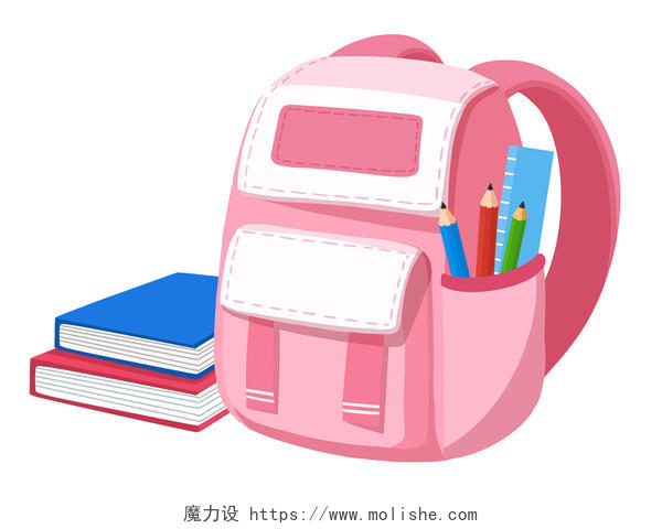 开学季卡通书包书本铅笔尺子粉色书包开学上学学习学习用品开学季书包元素